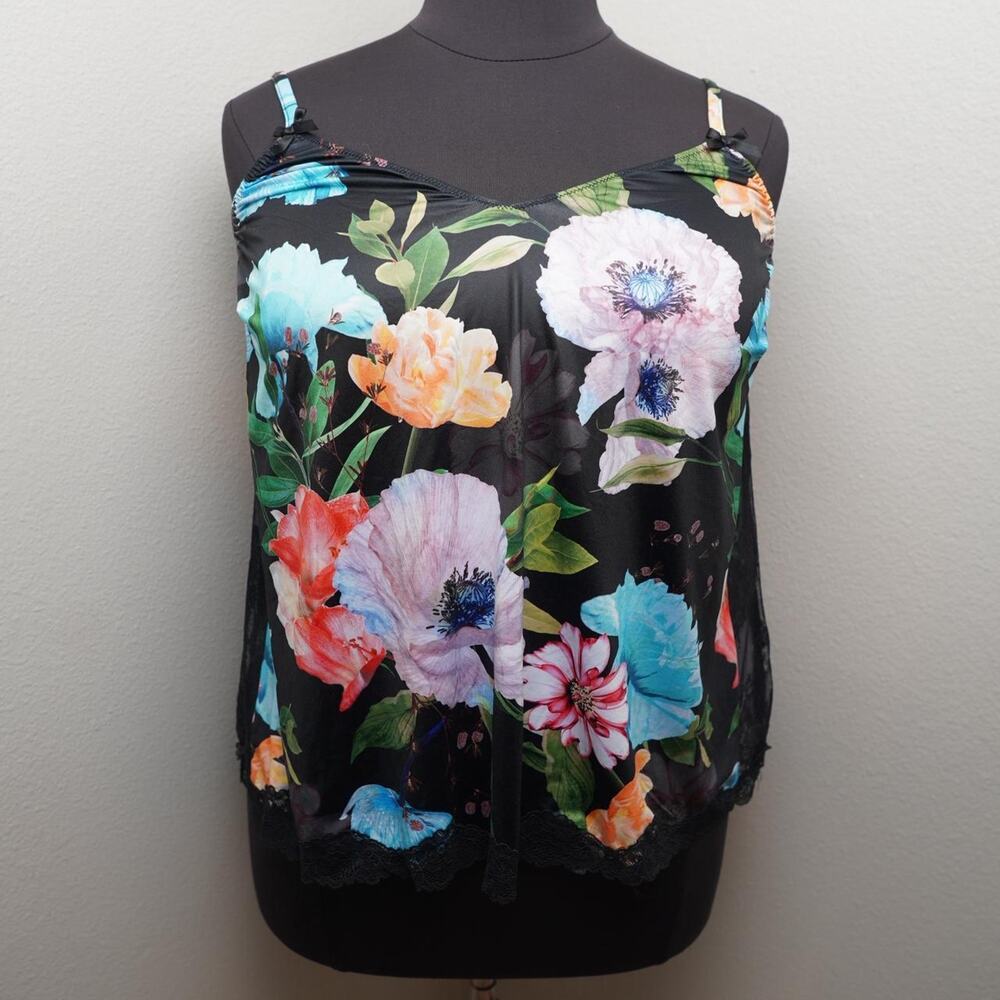 Cacique Floral Mesh Camisole Black Lace Trim 18/20